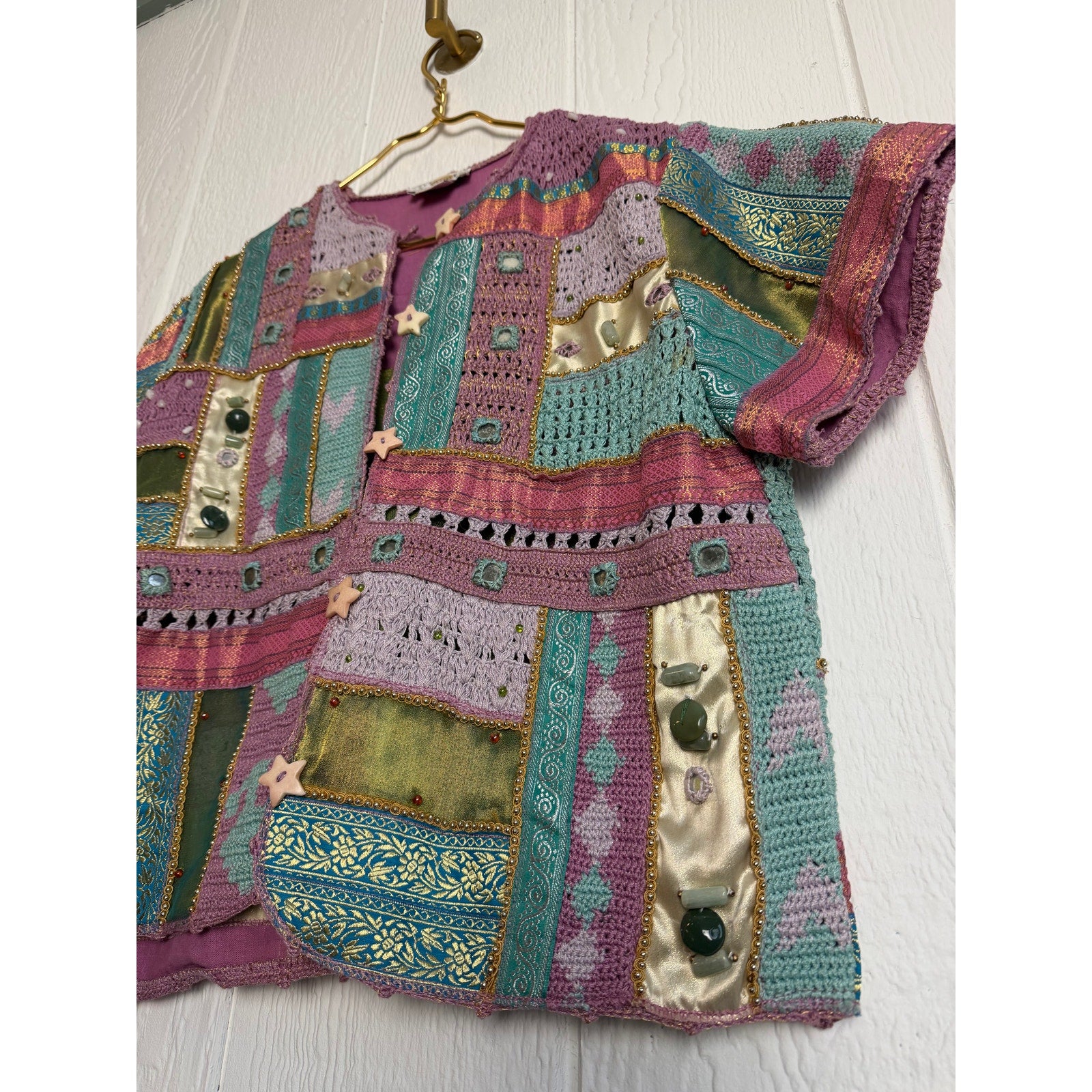 Vintage Sandy Starkman Patchwork Crochet Jacket Embellished Button Front Size M