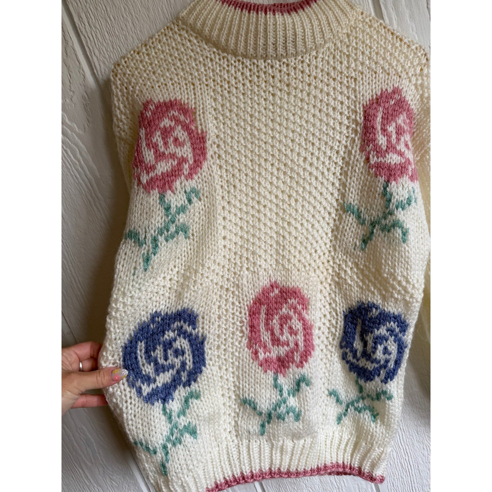 Vintage Hand Knit Paris Sport Club Rose Sweater Cottagecore Floral Knit | Size M