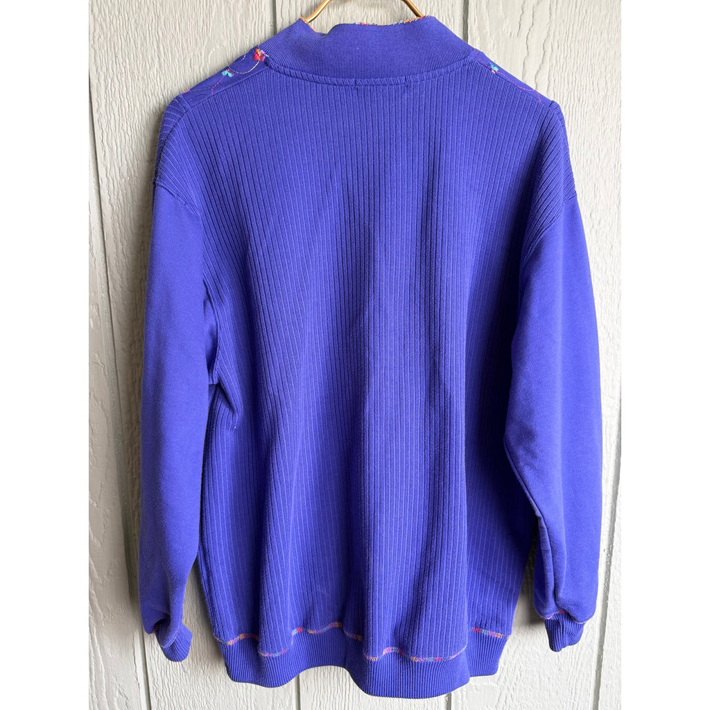 Vintage BLAST Embroidered Ribbed Pullover Sweatshirt XL Purple Floral V-Neck 90s