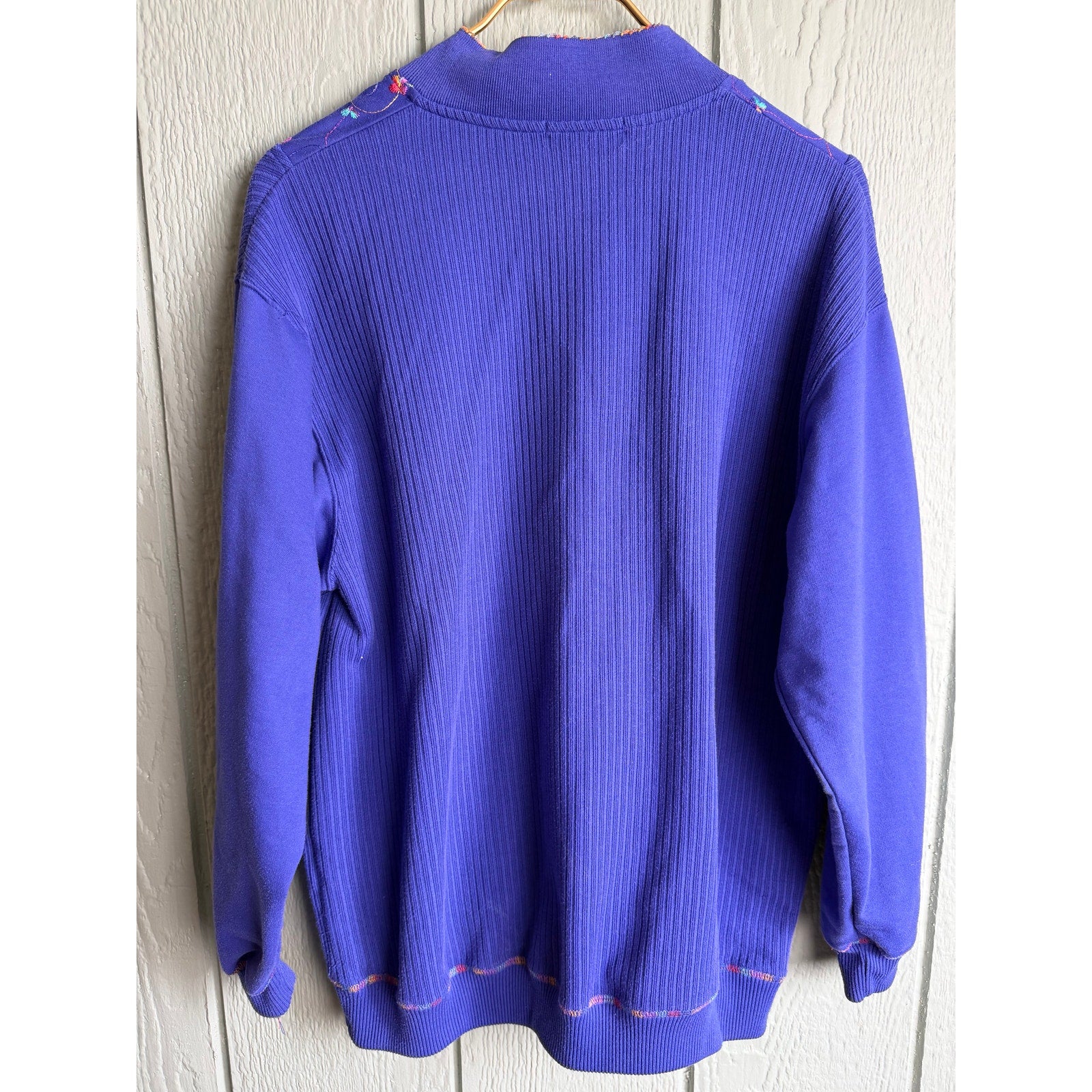 Vintage BLAST Embroidered Ribbed Pullover Sweatshirt XL Purple Floral V-Neck 90s