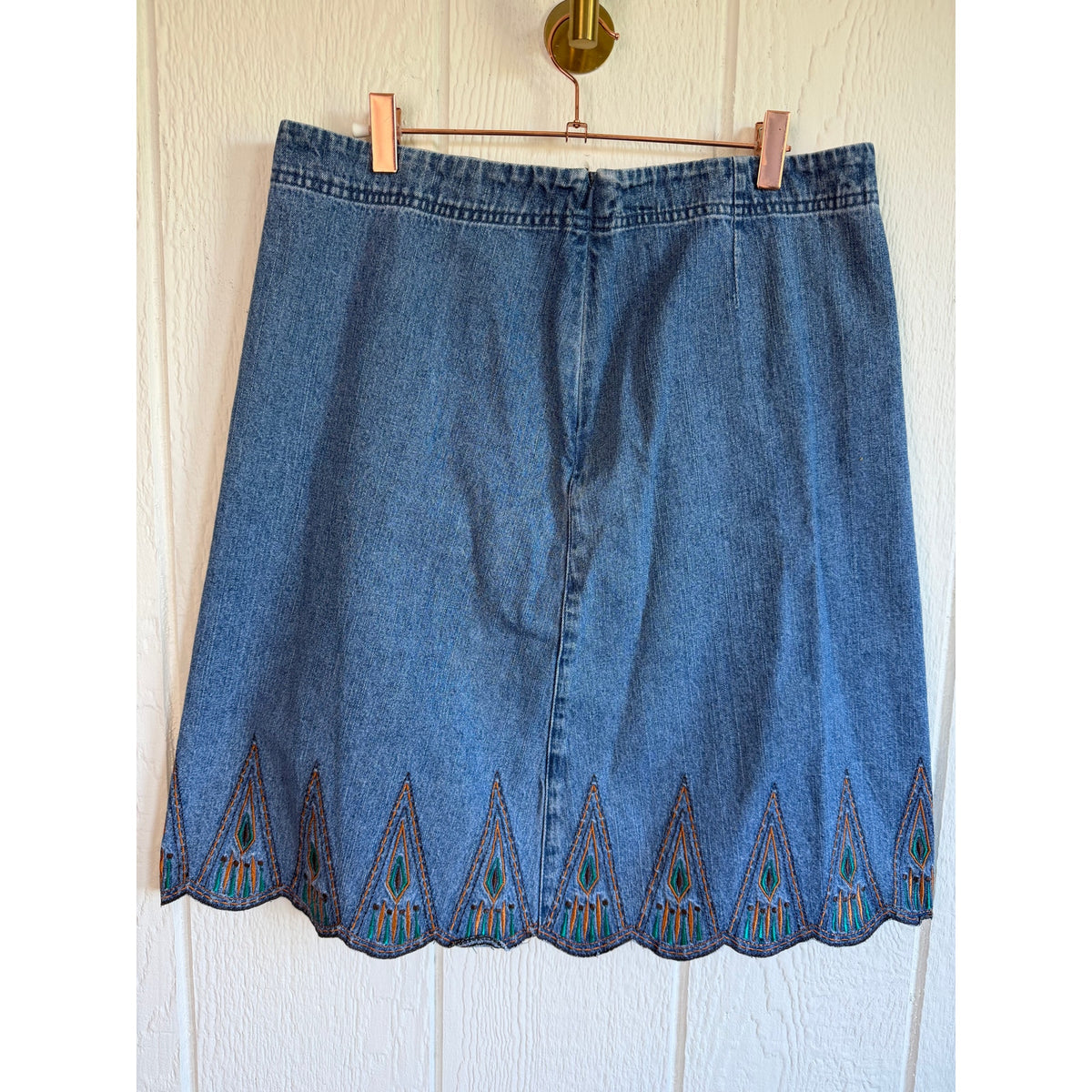 Vintage Embroidered Denim Midi Skirt Scalloped Hem Boho Cottagecore 12