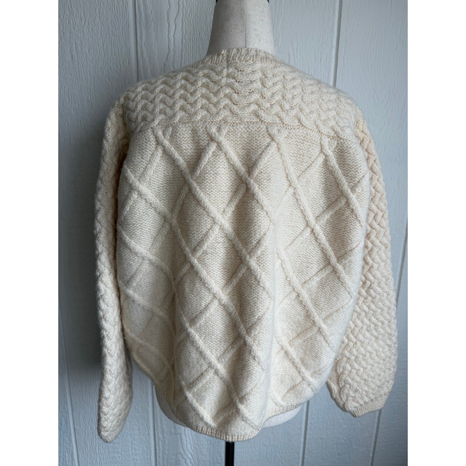 Vintage Irish Fisherman Cardigan Cable Knit Wool Sweater Ireland XL