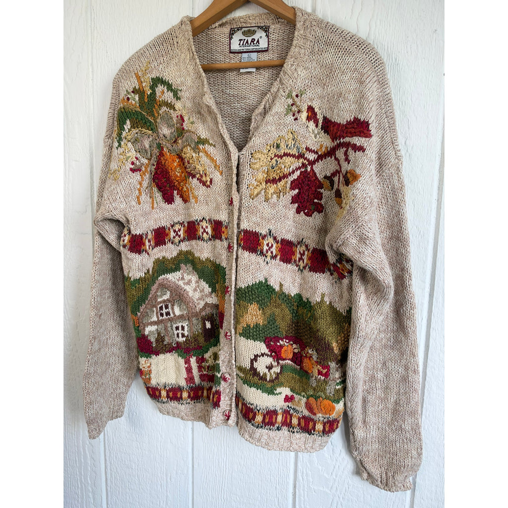 Vintage 90s Tiara International Chunky Knit Cottage Sweater Fall Scenic Large