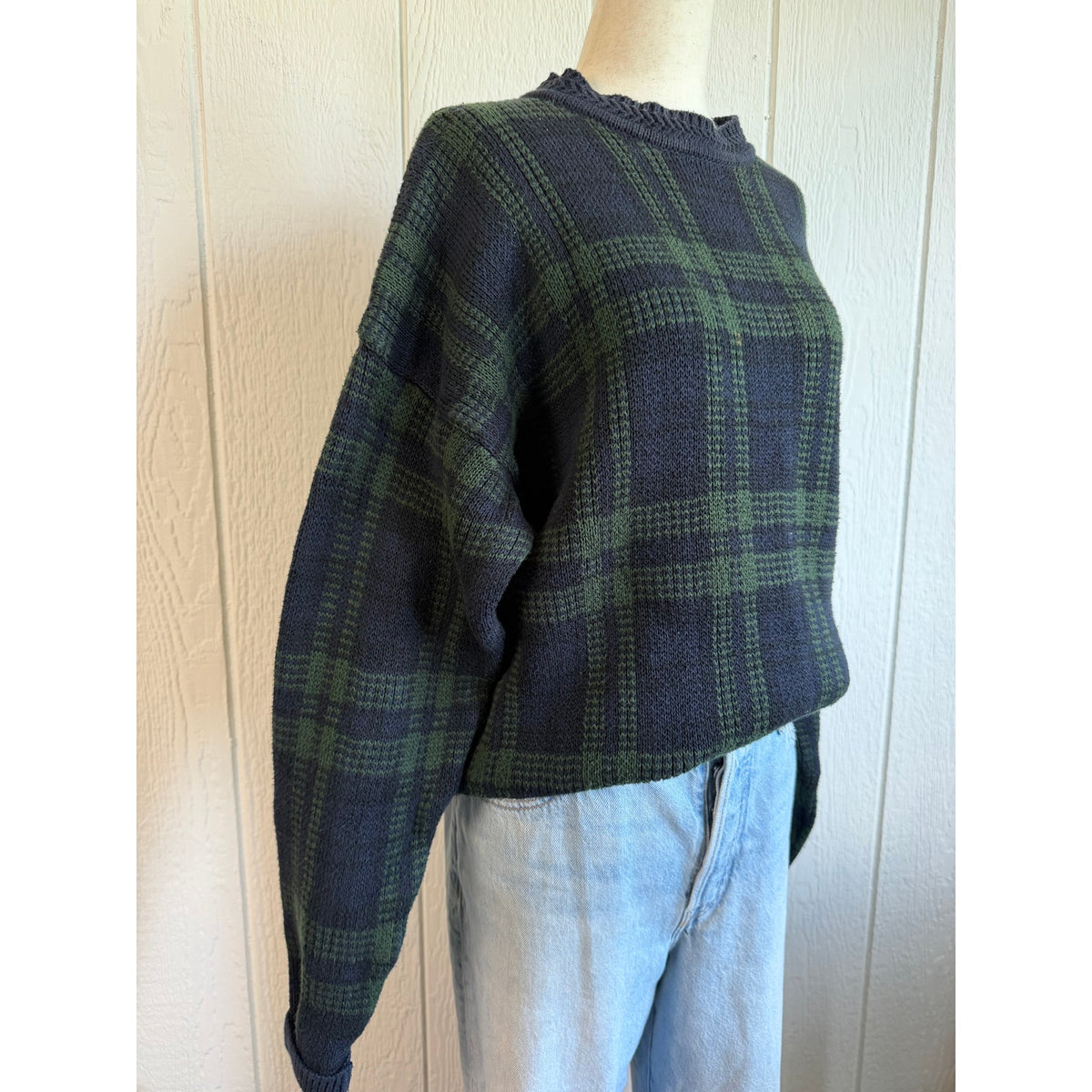 Vintage Woods & Navy Blue Green Plaid Cotton Sweater Size M 90s Grandpa Knit