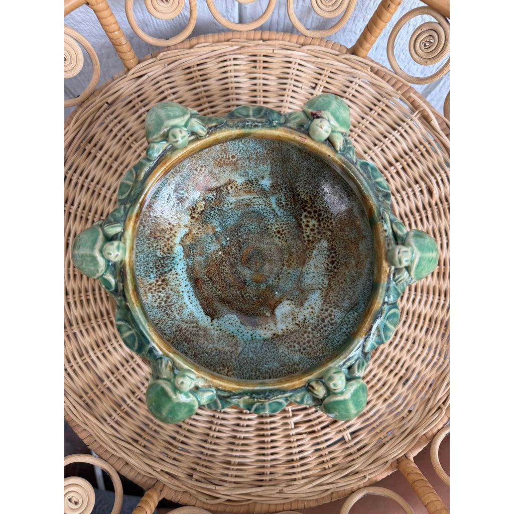 Vintage Studio Art Pottery Turtle Bowl Planter Applied Turtles Green Glaze