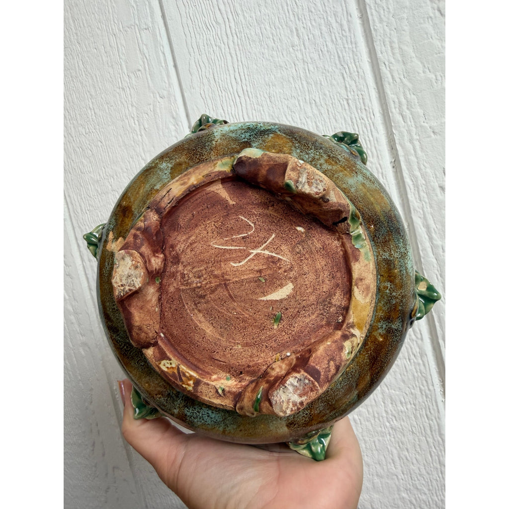 Vintage Studio Art Pottery Turtle Bowl Planter Applied Turtles Green Glaze