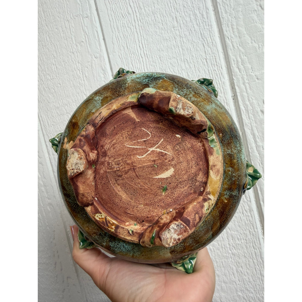 Vintage Studio Art Pottery Turtle Bowl Planter Applied Turtles Green Glaze