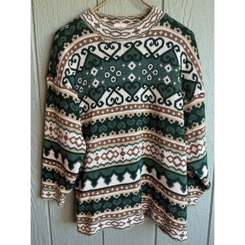 Vintage 90s Sweater Large | Green Brown Fair Isle Nordic Pattern USA Cottagecore