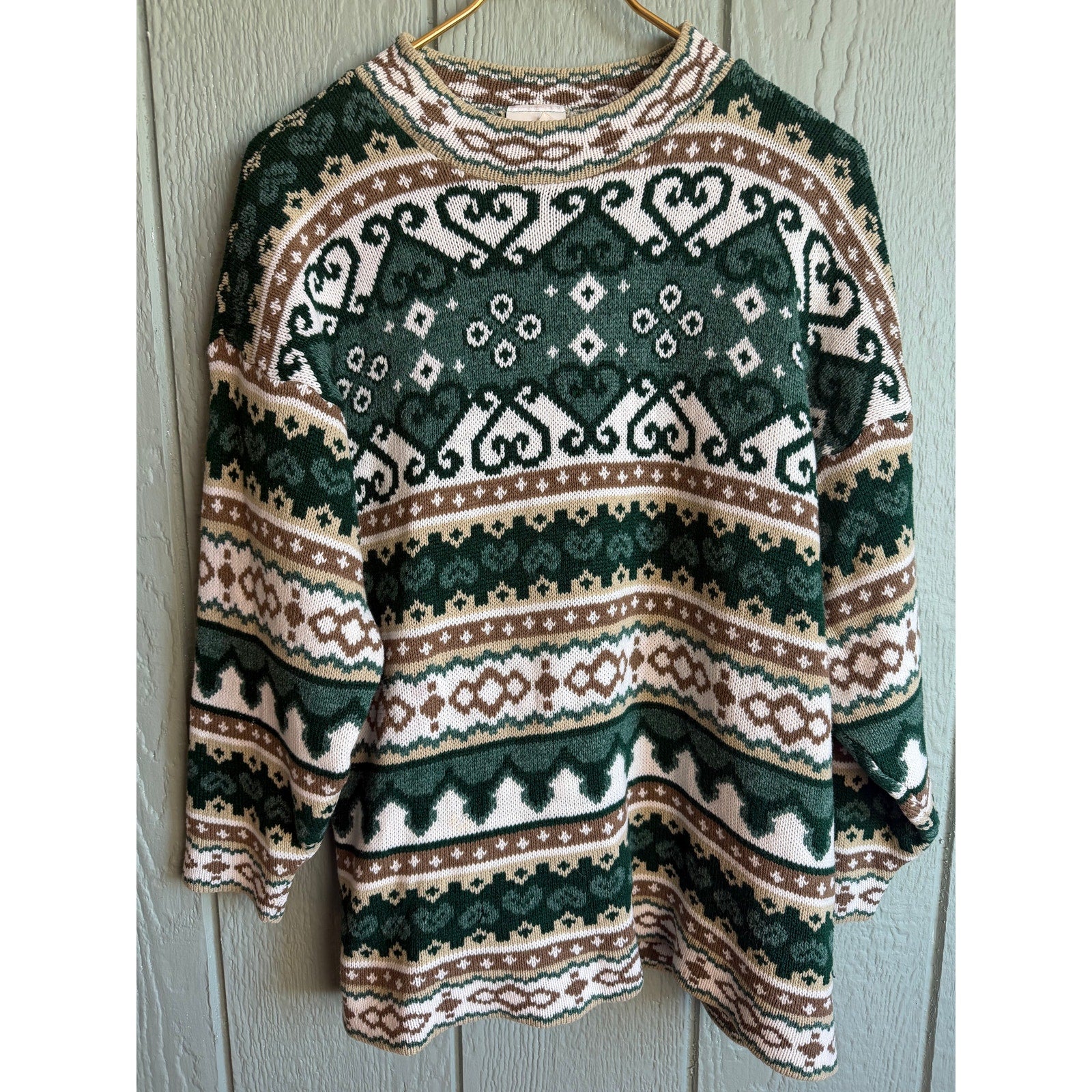 Vintage 90s Sweater Large | Green Brown Fair Isle Nordic Pattern USA Cottagecore