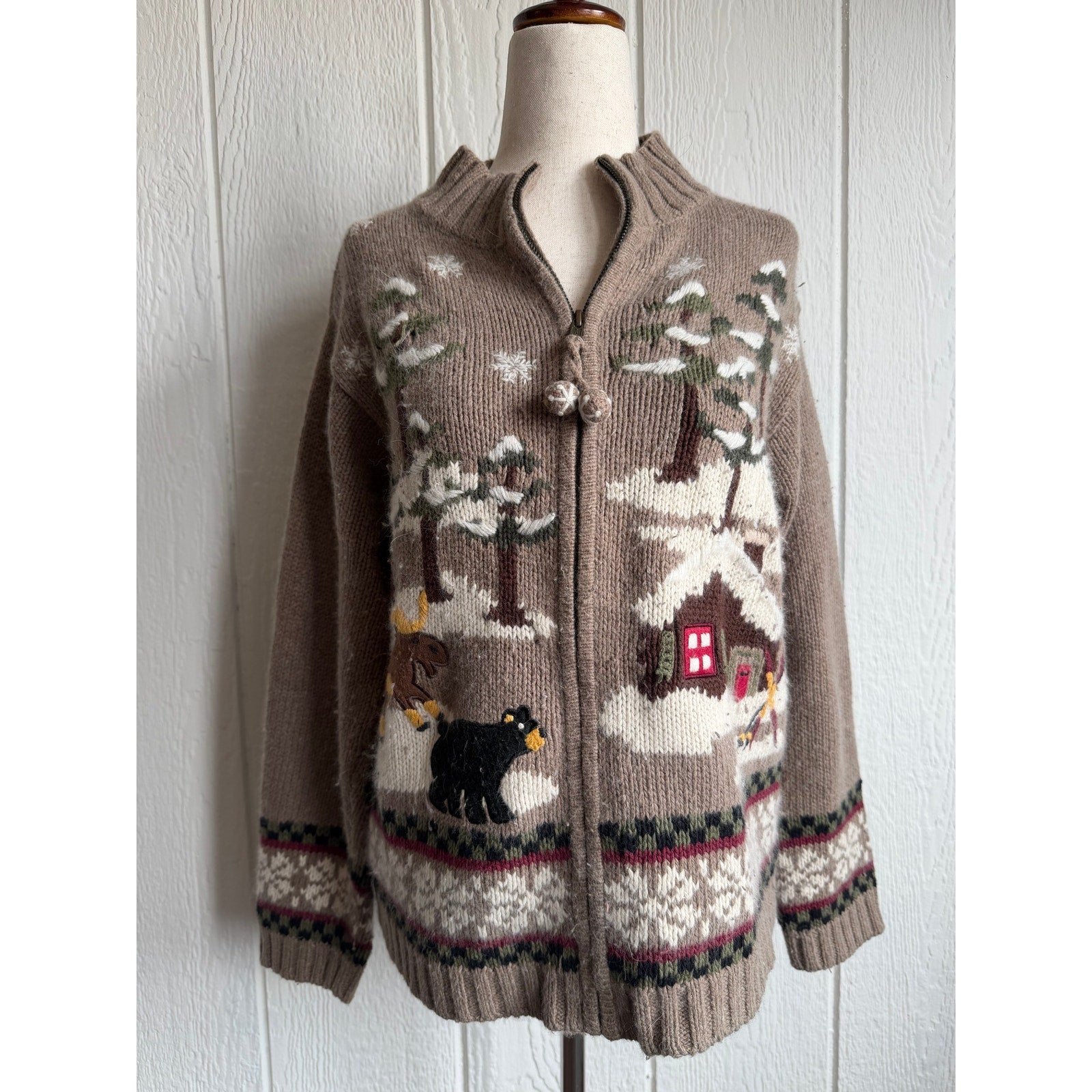 Vintage 90s Cabin Sweater Medium Bear Snow Scene Full Zip Angora Blend