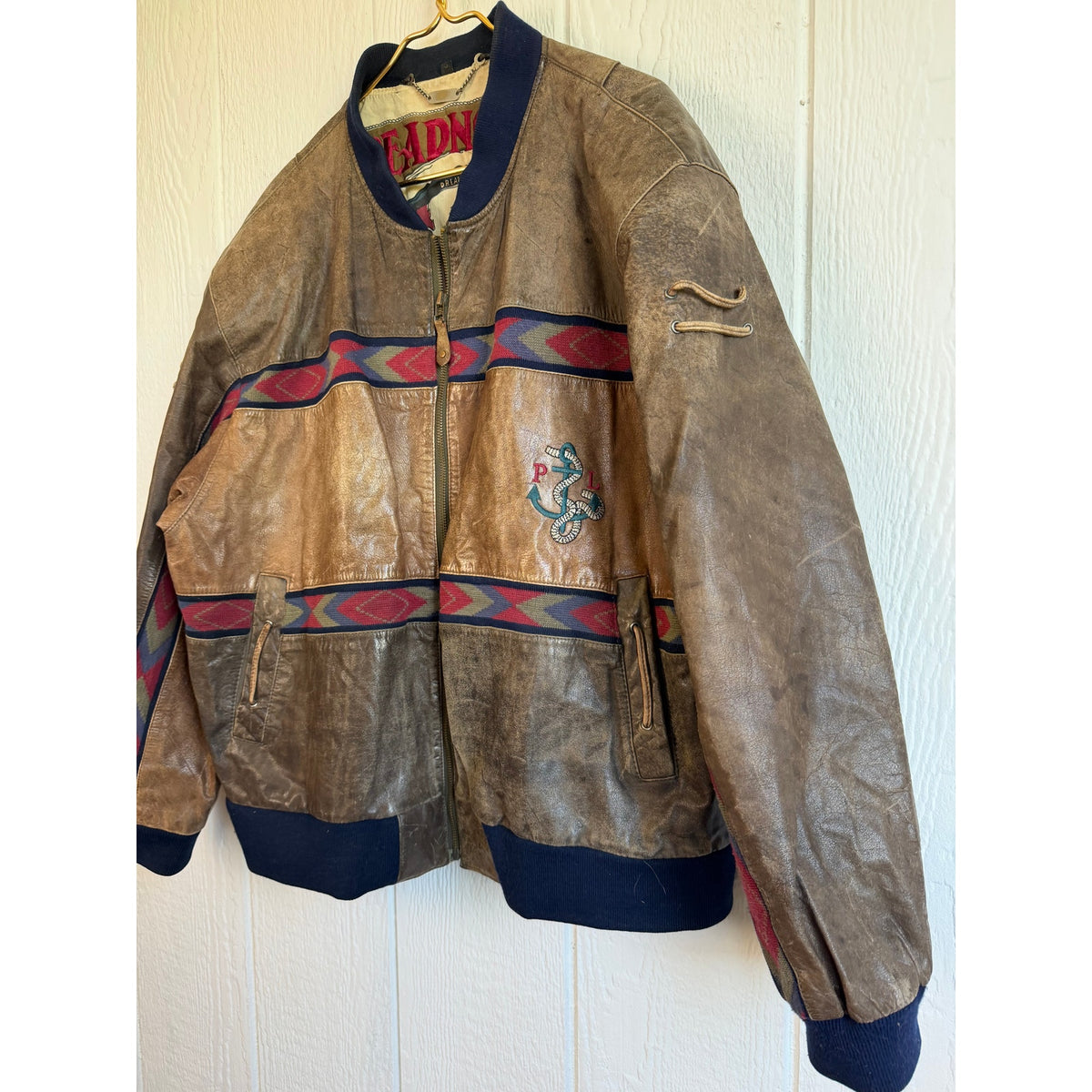 Vintage Leder Rude Peter Lukas Leather Bomber Jacket 58 Aztec Nautical German