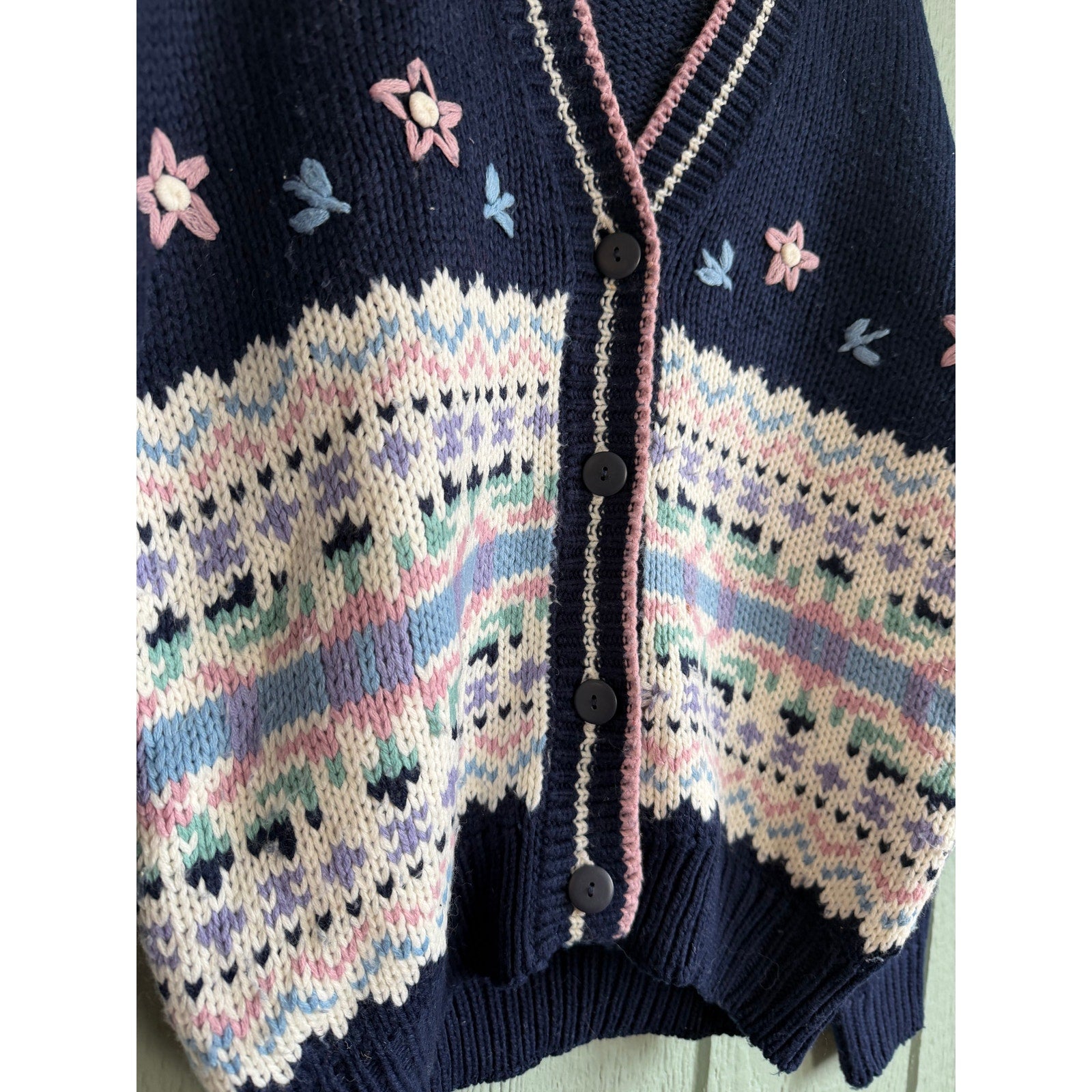 Vintage 90s Fair Isle Knit Cardigan Floral Embroidered Size S Cottagecore