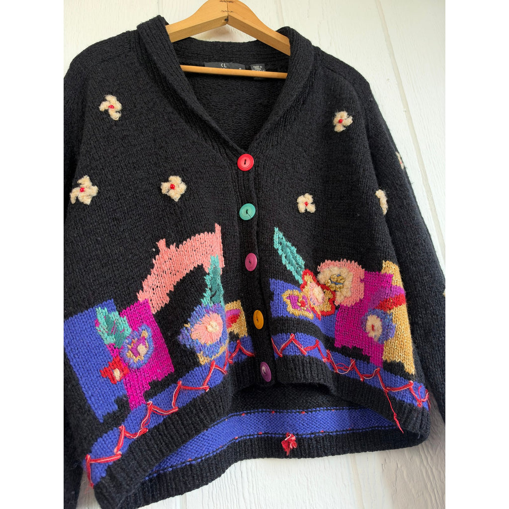 Vintage Carole Little Funky Floral Cardigan 90s Whimsigoth Wearable Art Sweater