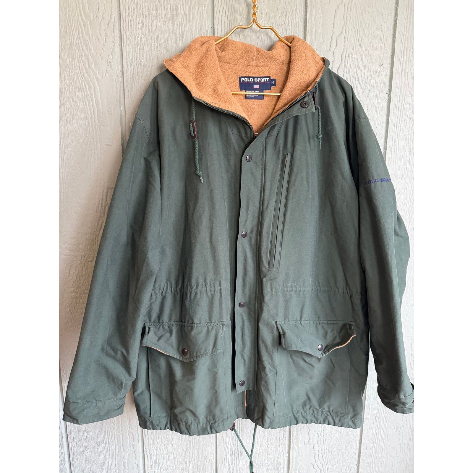Vintage 90s Polo Sport Ralph Lauren Parka Jacket Green Tan Fleece Lined Men’s M