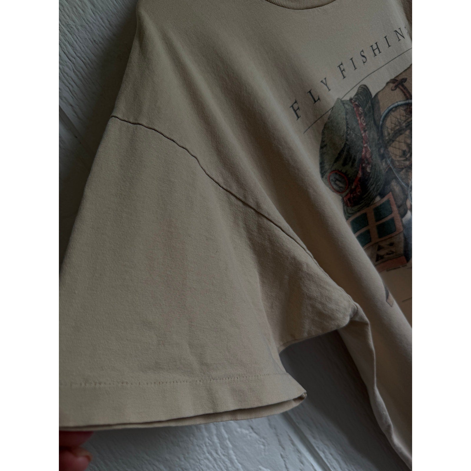 Vintage Single Stitch Fly Fishing Connecticut Graphic T Shirt Beige USA Made