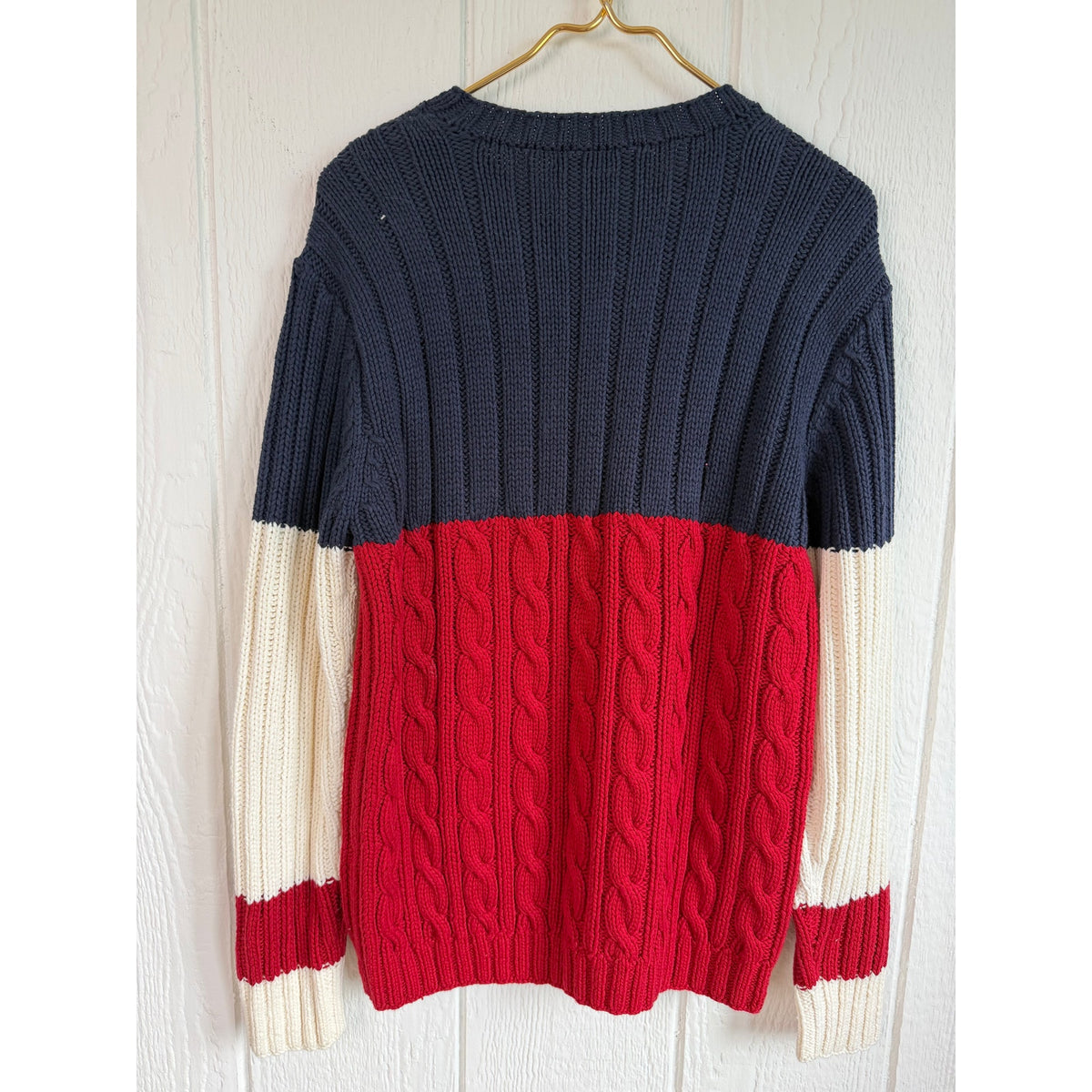 Vintage 90s Tommy Hilfiger American Flag Cable Knit Hand-Knit Sweater Medium