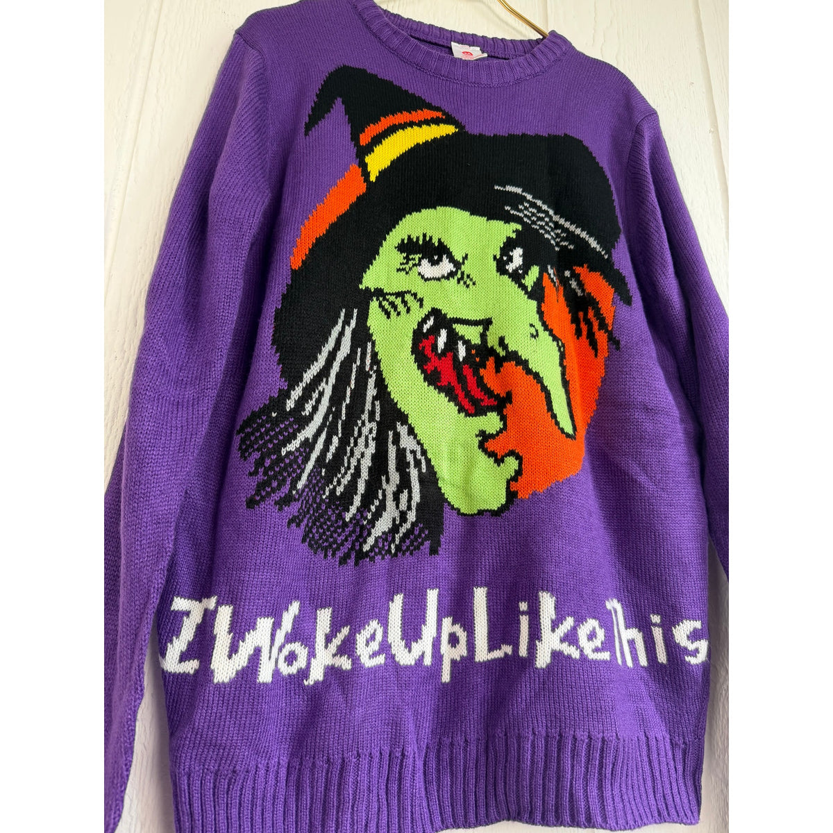 Y2K Halloween Witch Sweater Purple Graphic “I Woke Up Like This” Size Medium