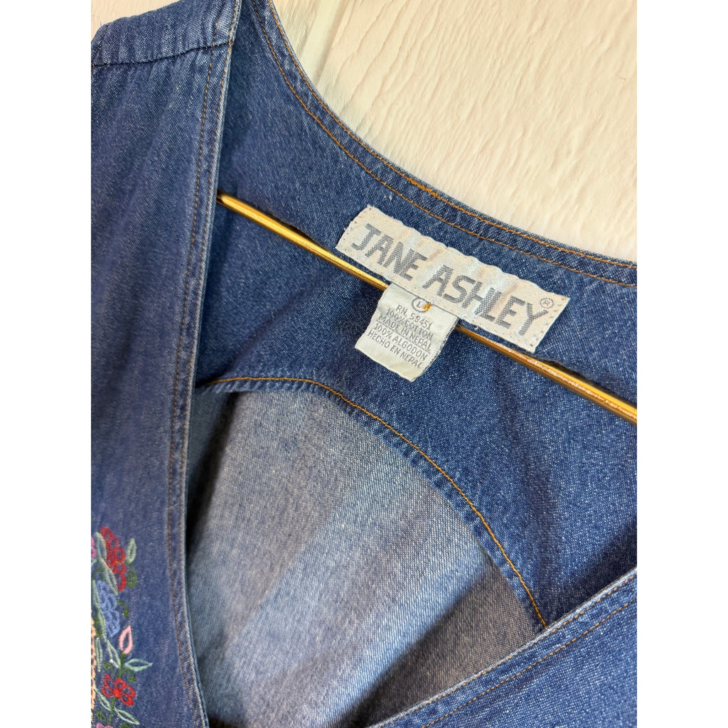 Vintage 90s Jane Ashley Denim LG Maxi Dress Embroidered Paisley Floral Button