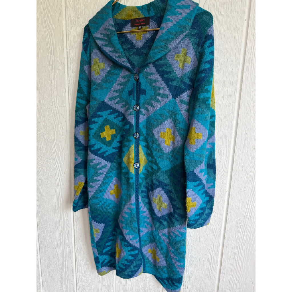VTG Peruvian Alpaca Wool Tey Art Peru Long Cardigan Medium Sweater Southwestern