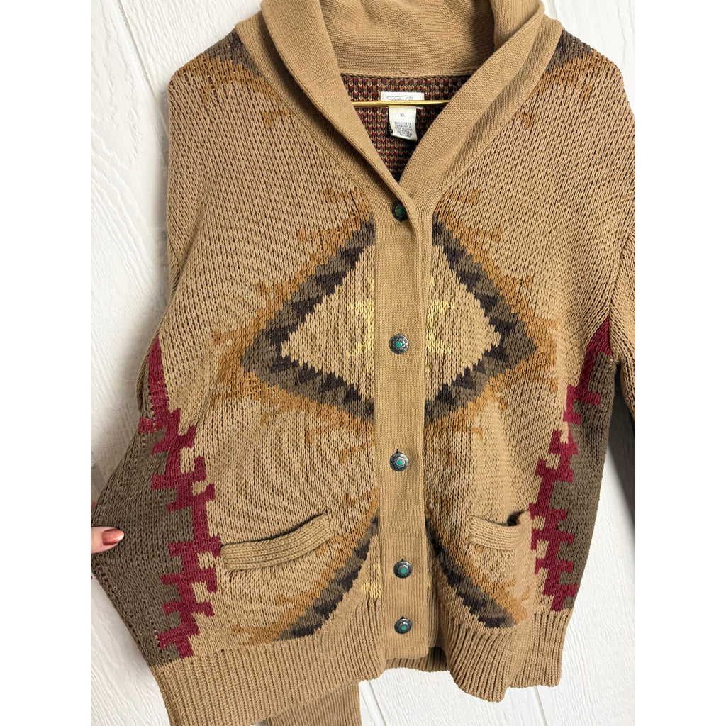 Vintage Tasha Polizzi Knit Cardigan Shawl Collar Aztec Turquoise Buttons Size XL