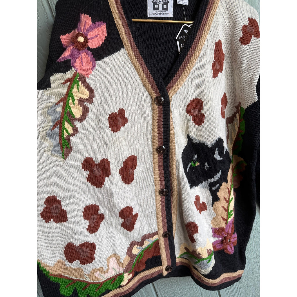 NWT Vintage Storybrook Knits Cat Floral Cardigan Cottagecore Knit Sweater L