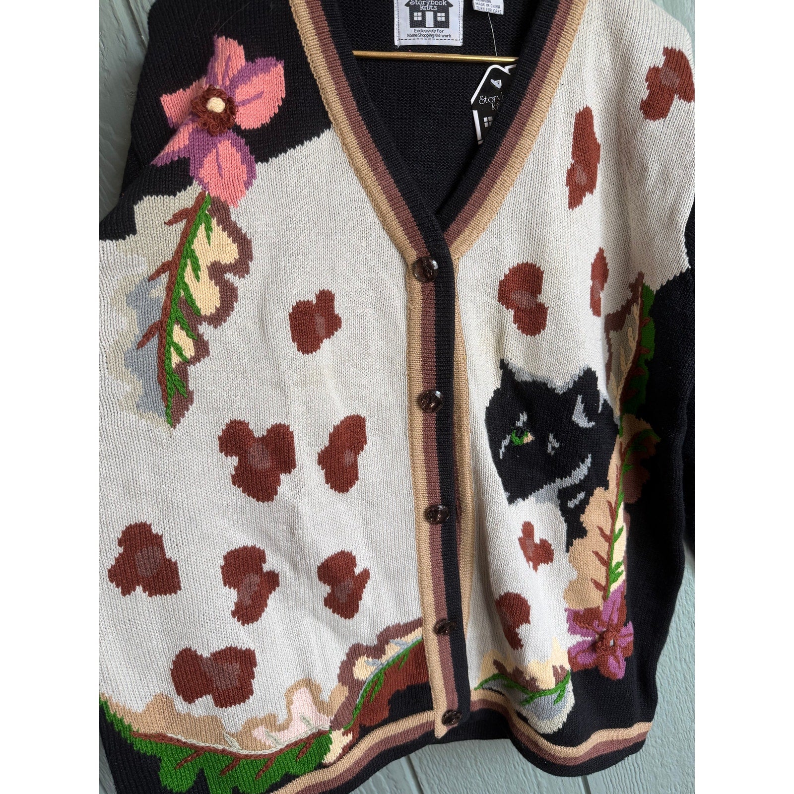 NWT Vintage Storybrook Knits Cat Floral Cardigan Cottagecore Knit Sweater L