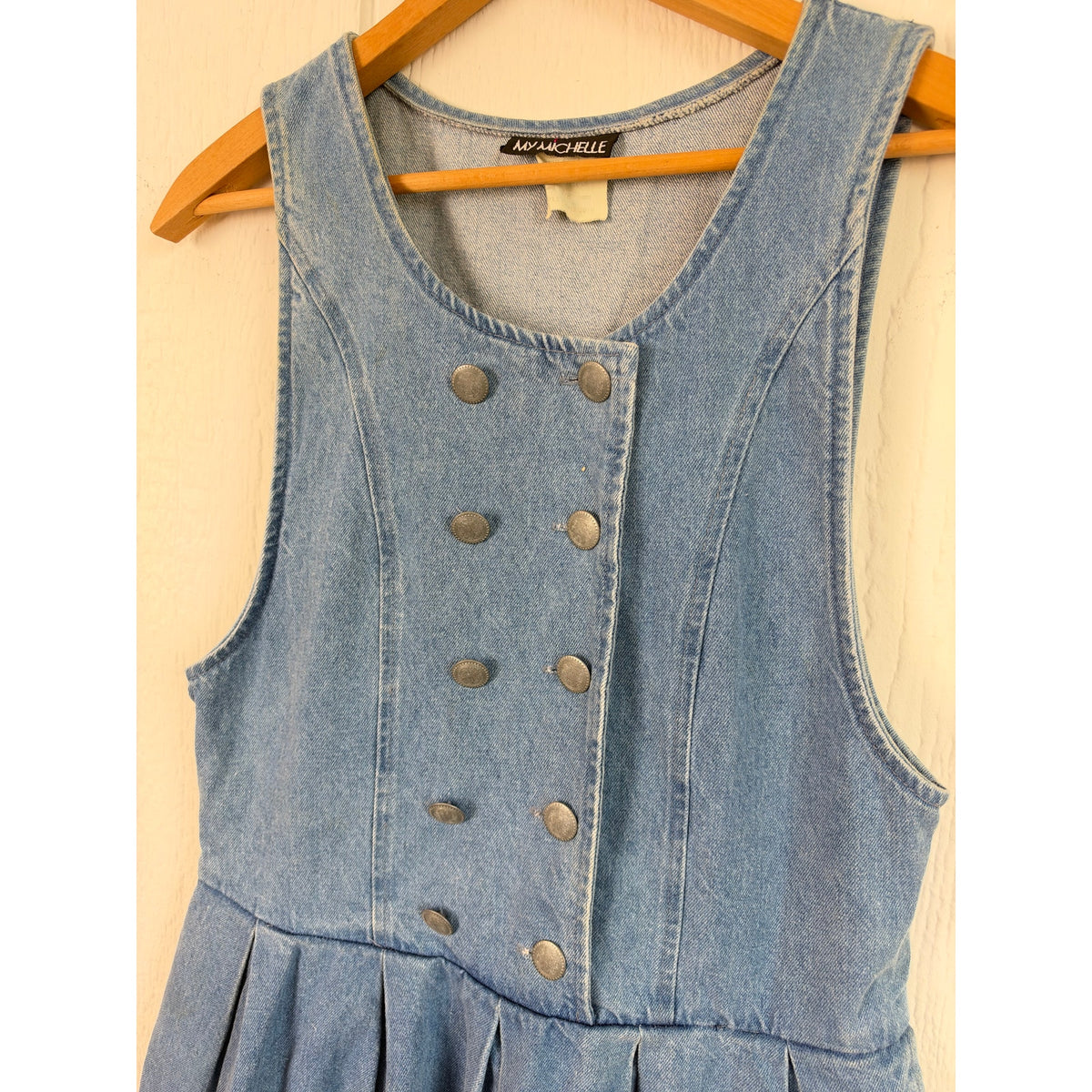 Vintage 90s My Michelle Denim Pinafore Dress Double Breasted Pleated Jumper