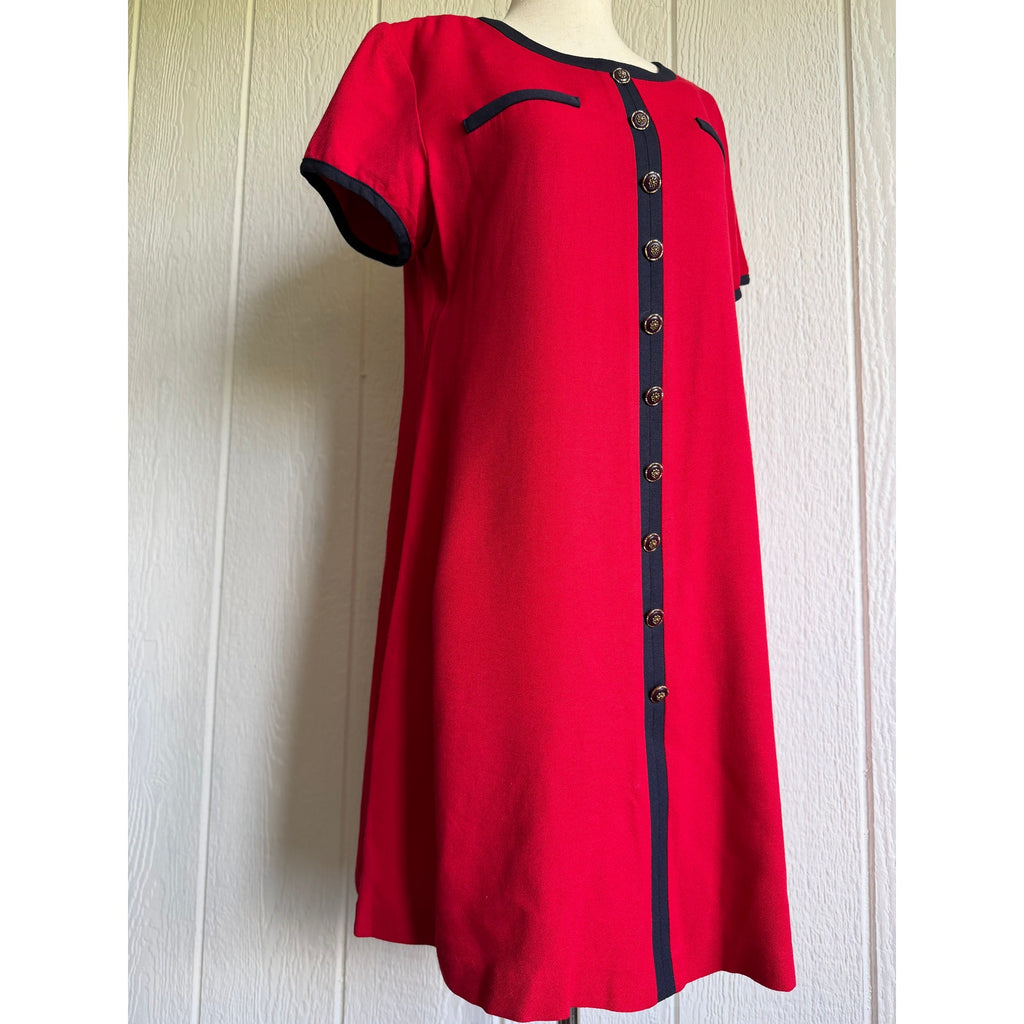 Vintage Jessica Howard Petite Red Dress Black Trim Gold Button Shift Dress