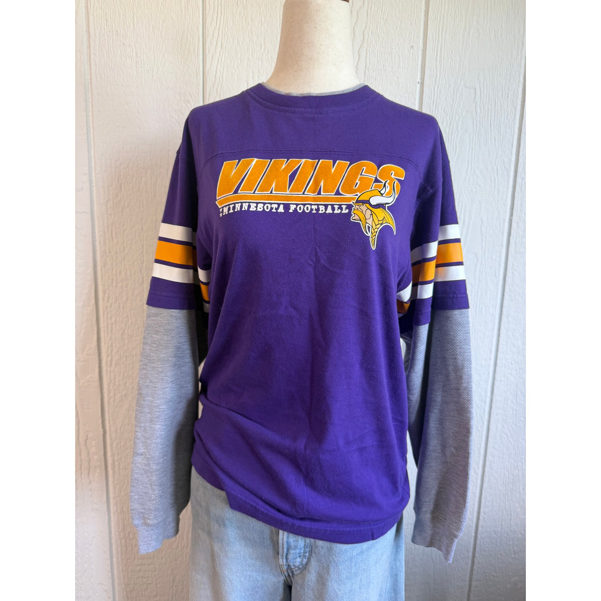Vintage 90s Reebok NFL Minnesota Vikings Long Sleeve Shirt Purple Gold Size L