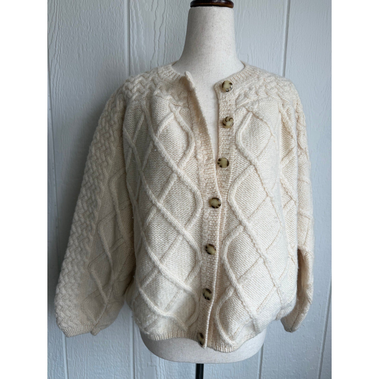 Vintage Irish Fisherman Cardigan Cable Knit Wool Sweater Ireland XL