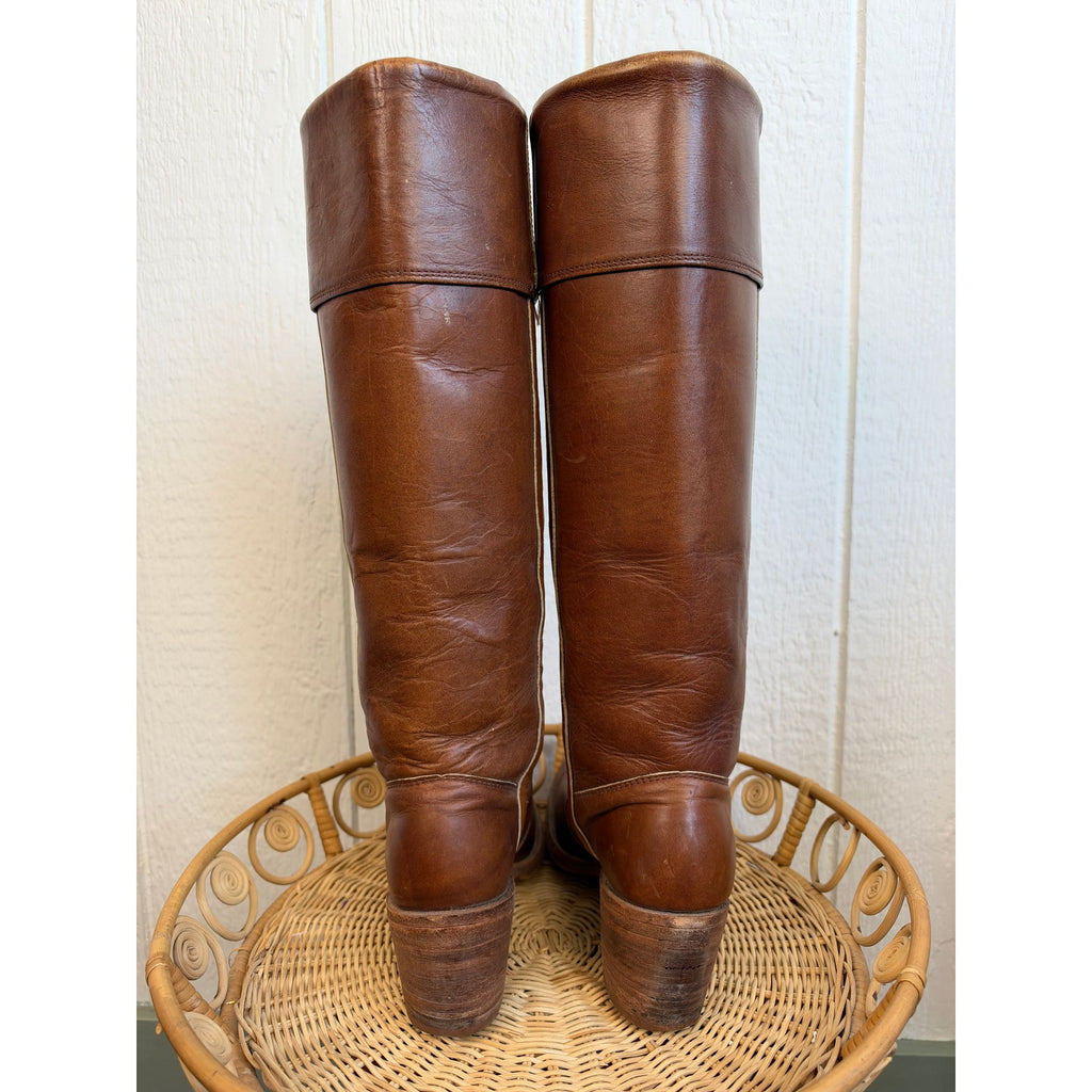 Vintage Frye Campus Style Tall Leather Boots Brown Cognac USA 8.5 Women's