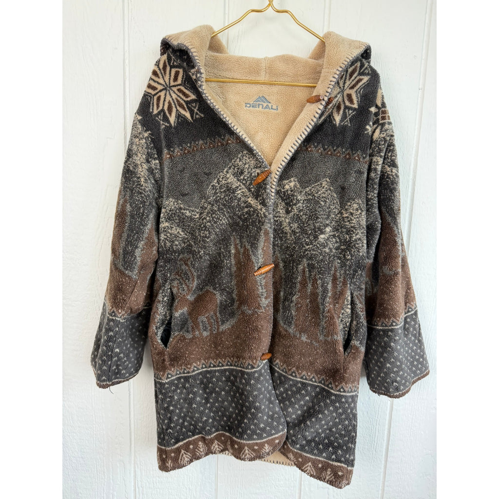 Vintage Denali Fleece Jacket Small Deer Mountain Nordic Hooded Toggle Made USA