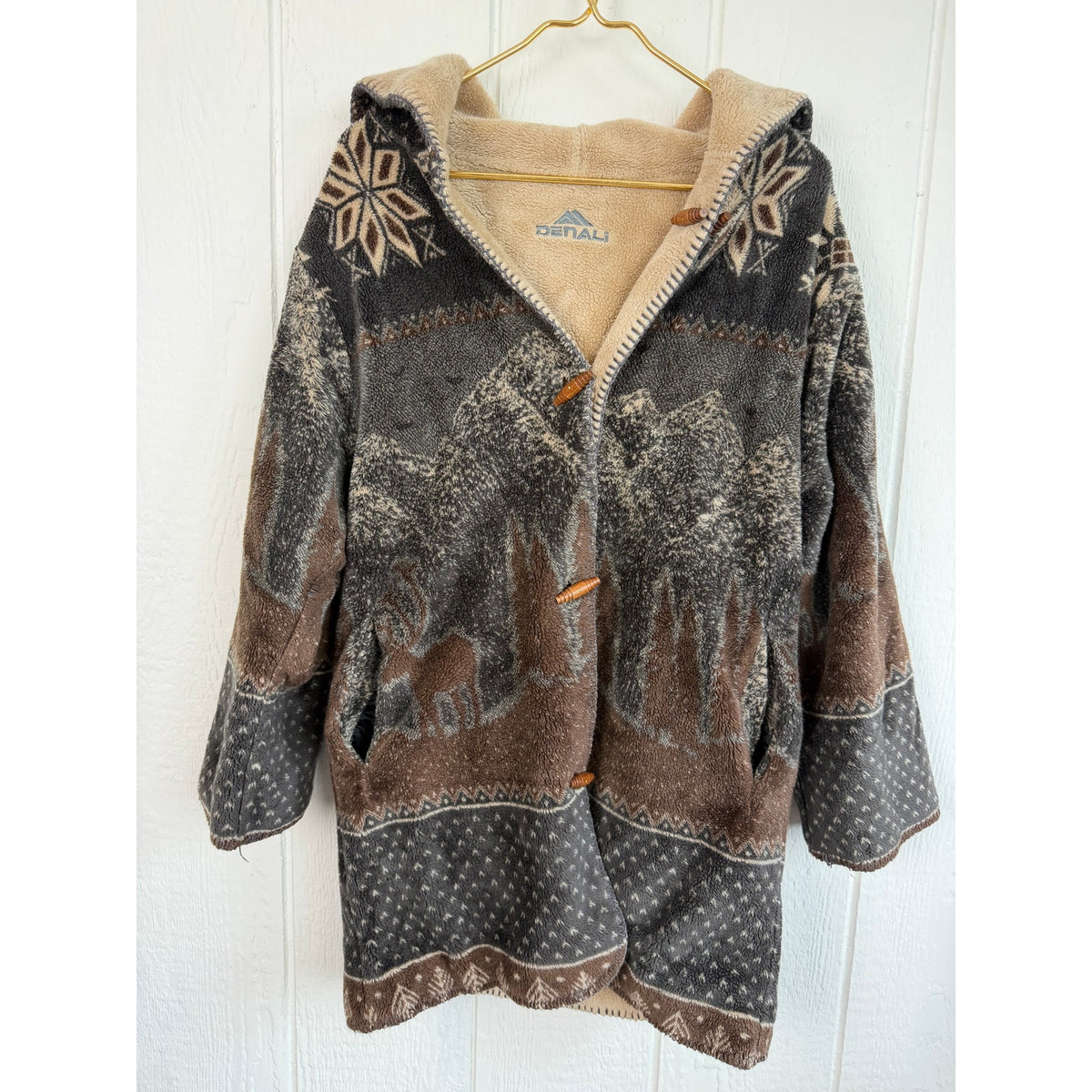 Vintage Denali Fleece Jacket Small Deer Mountain Nordic Hooded Toggle Made USA