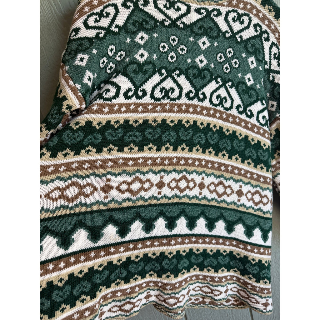 Vintage 90s Sweater Large | Green Brown Fair Isle Nordic Pattern USA Cottagecore