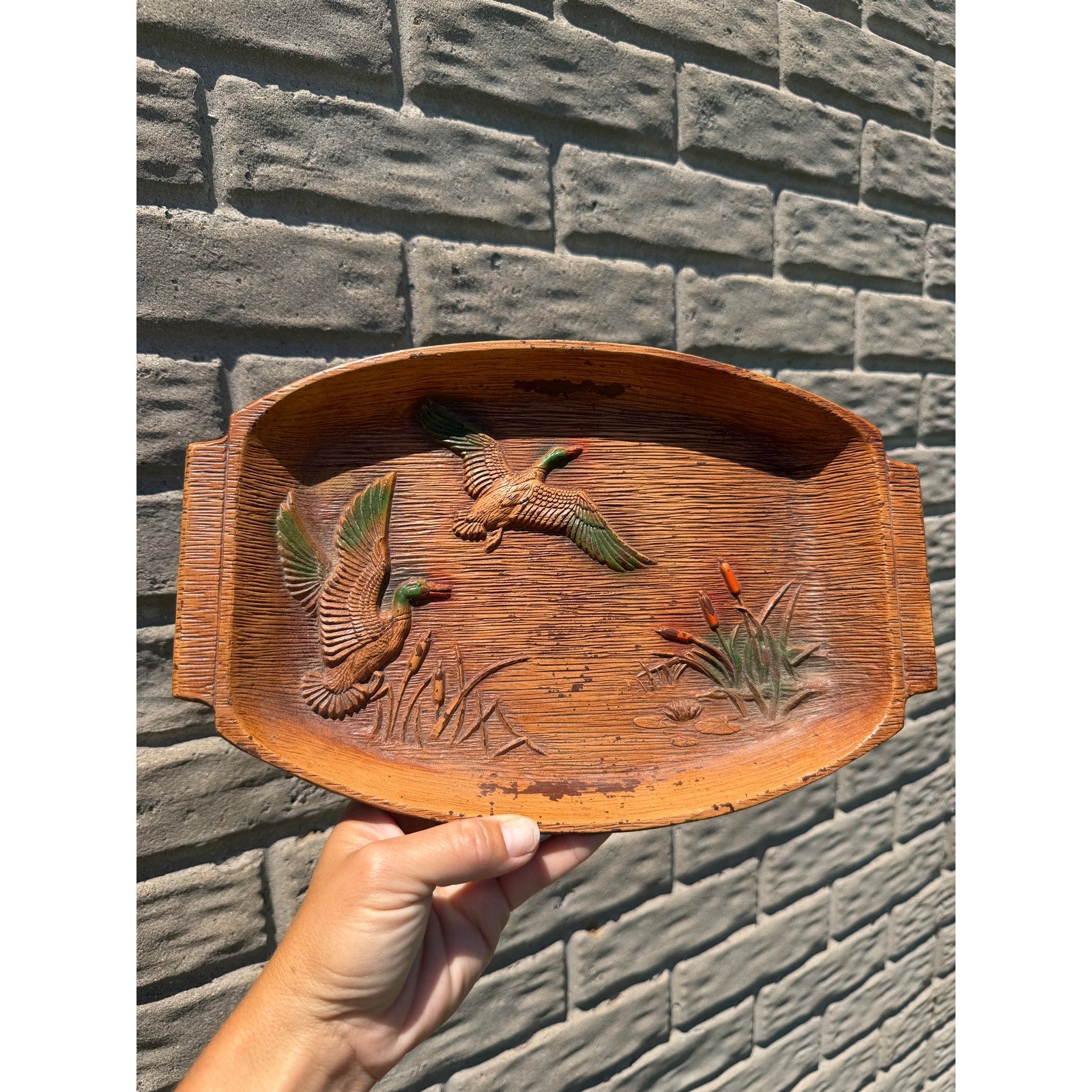 Vintage Rustic wall tray 60s 70s Mallard Duck Cattails