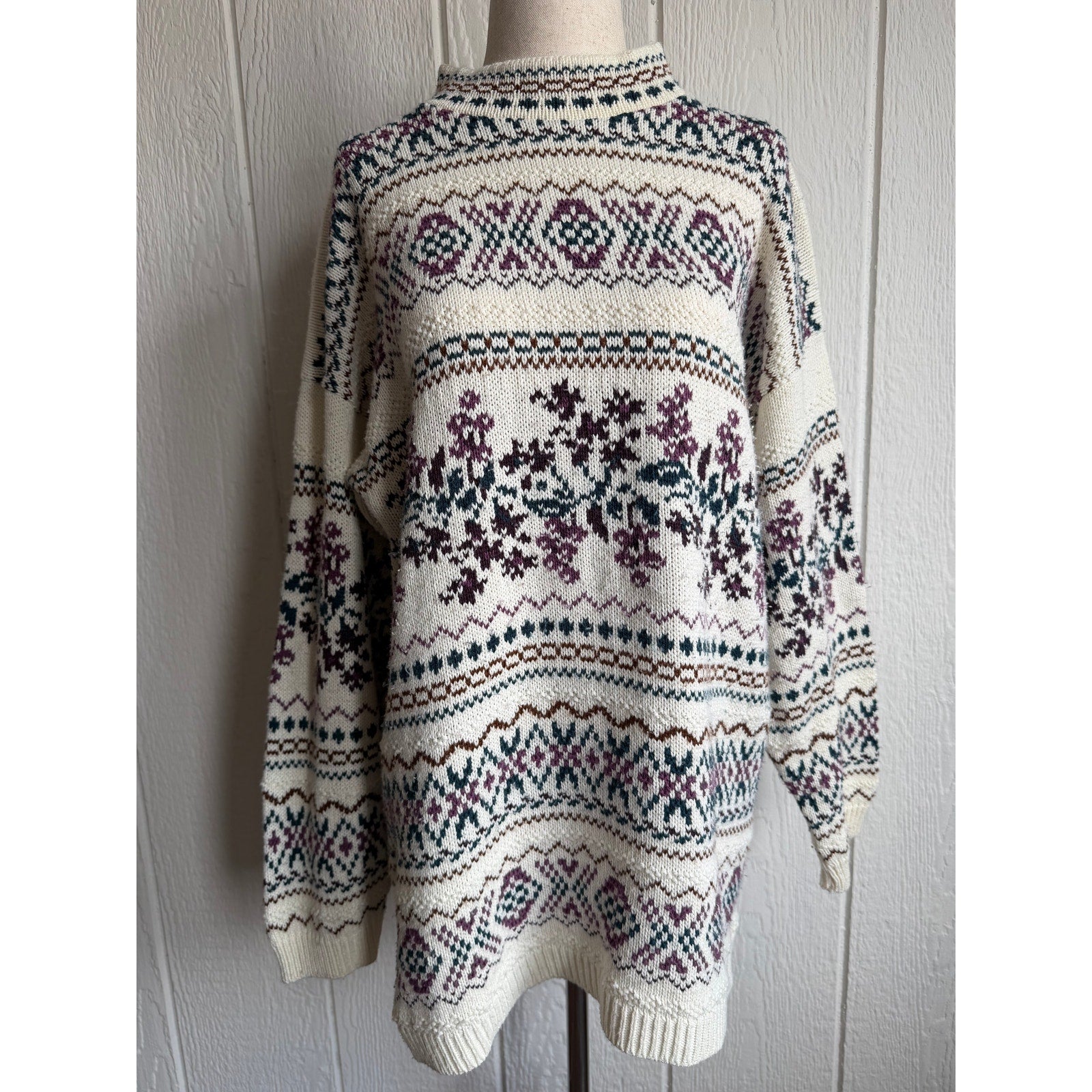 Vintage 90s Braun Style Nordic Fair Isle Sweater Oversized Cream Cottagecore SM