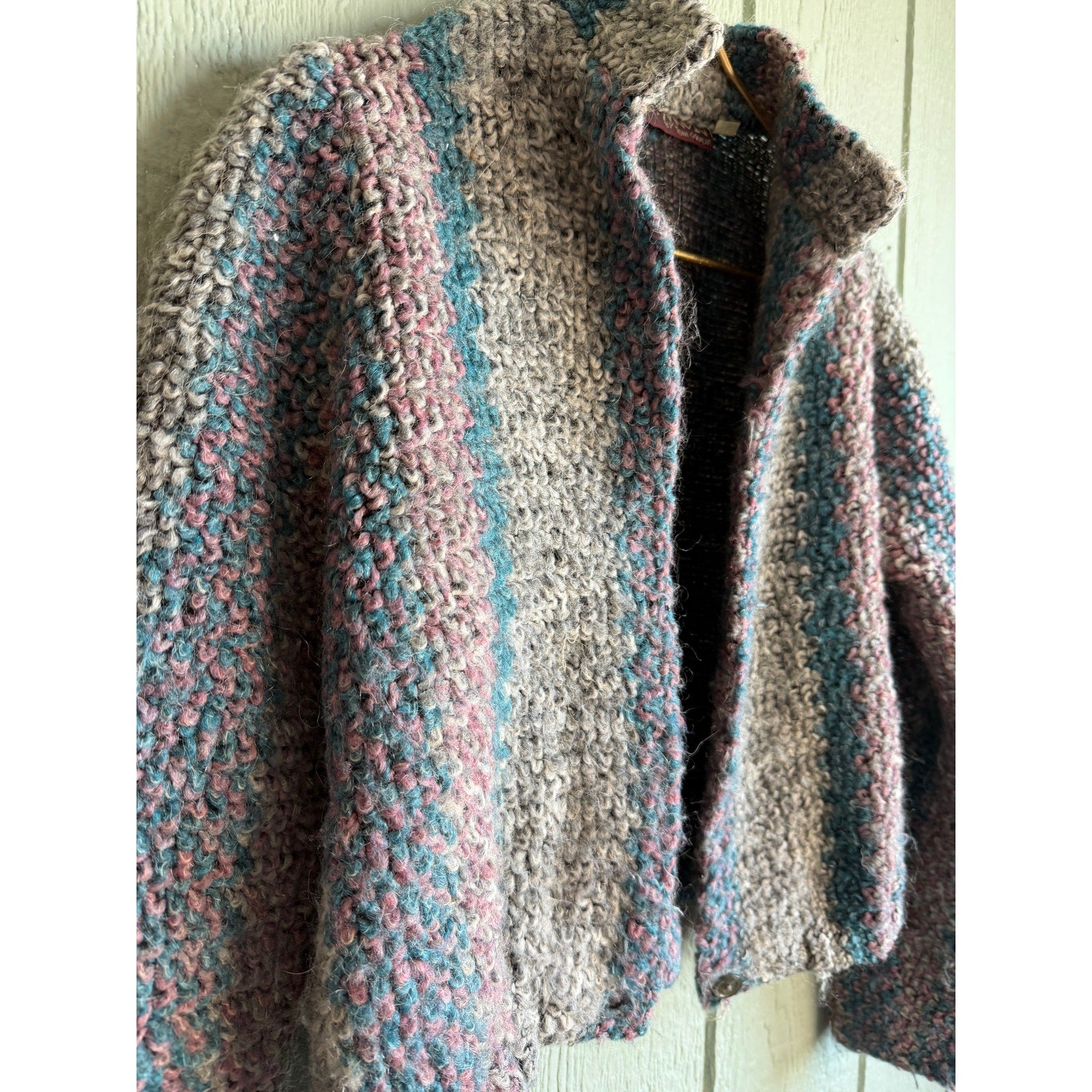 Vintage Chunky Knit Cropped Cardigan Jacket Pastel Stripe Sweater Medium Mohair