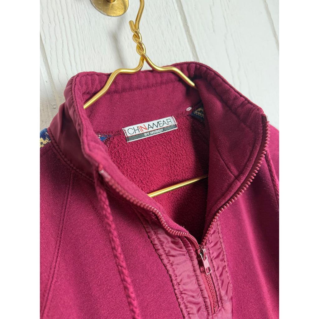 Vintage 90s Chinawear Quarter Zip Sweatshirt Burgundy Fleece Lined Size