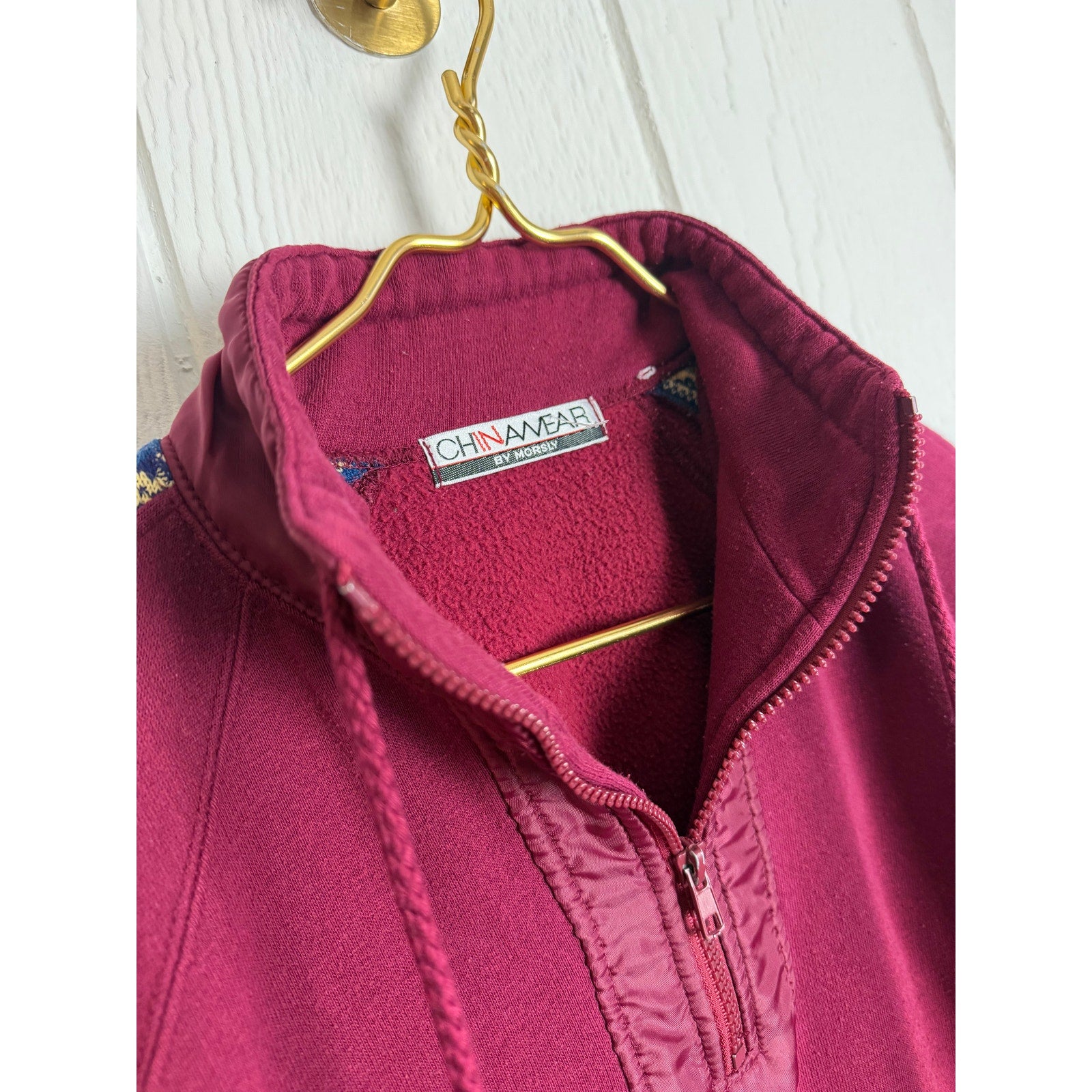 Vintage 90s Chinawear Quarter Zip Sweatshirt Burgundy Fleece Lined Size