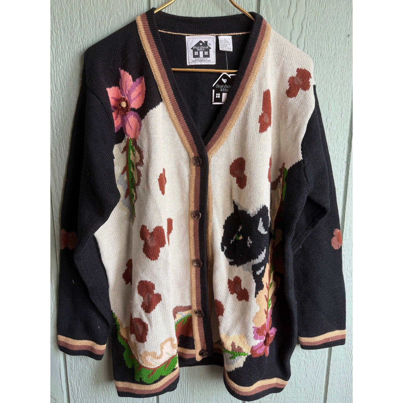 NWT Vintage Storybrook Knits Cat Floral Cardigan Cottagecore Knit Sweater L