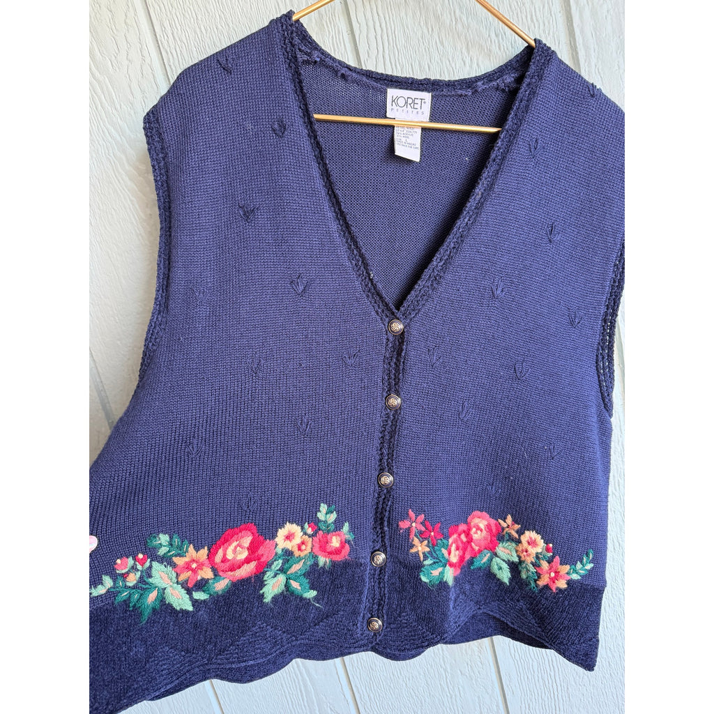 Vintage Koret Petites Floral Embroidered Knit Sweater Vest Button Front Size L