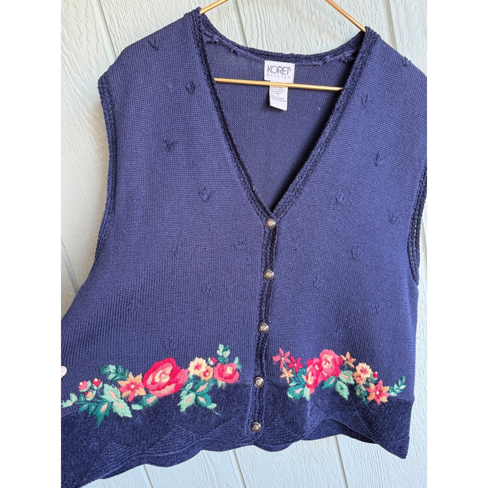 Vintage Koret Petites Floral Embroidered Knit Sweater Vest Button Front Size L