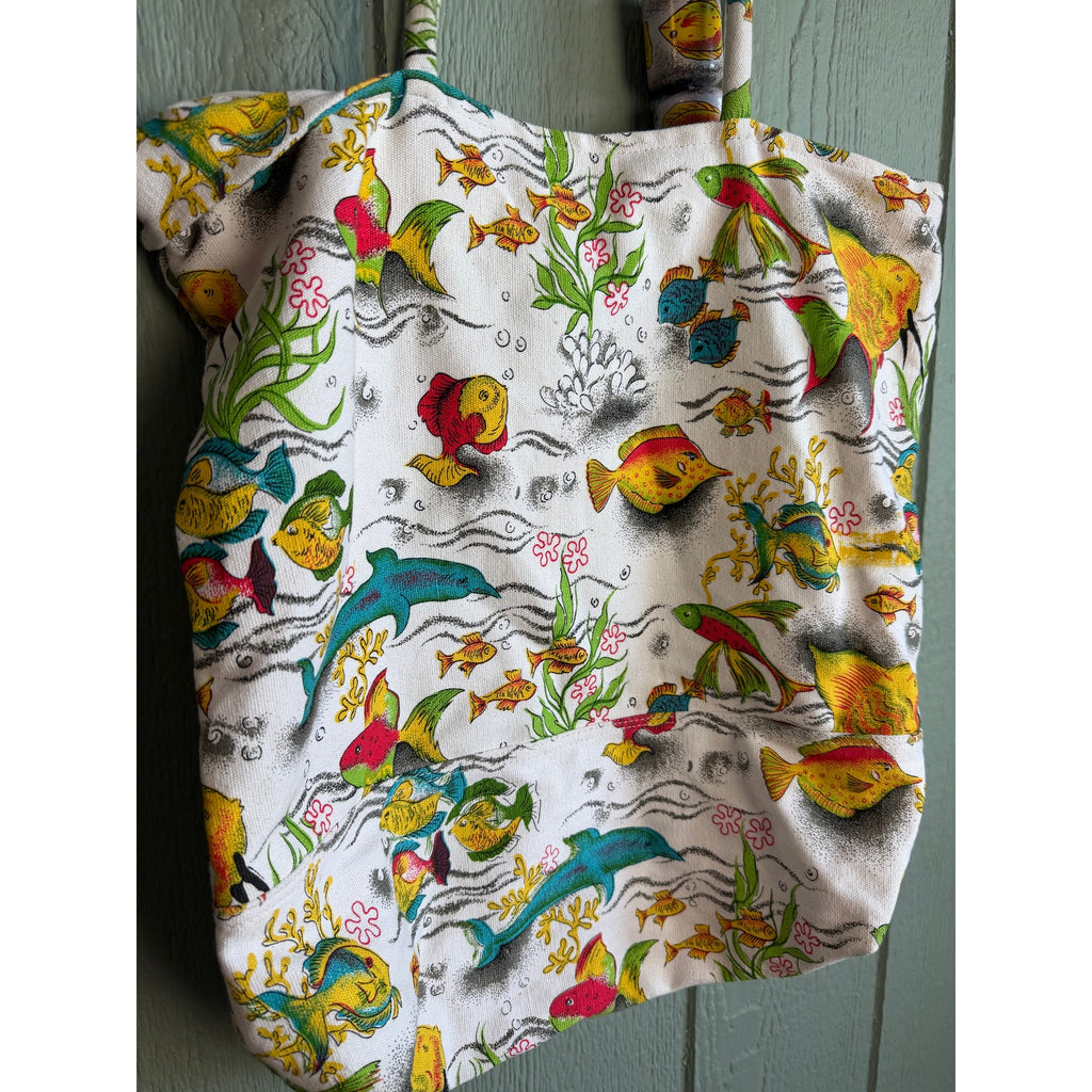 Vintage Fish Print Canvas Tote Bag w/ Wooden Beads 90s