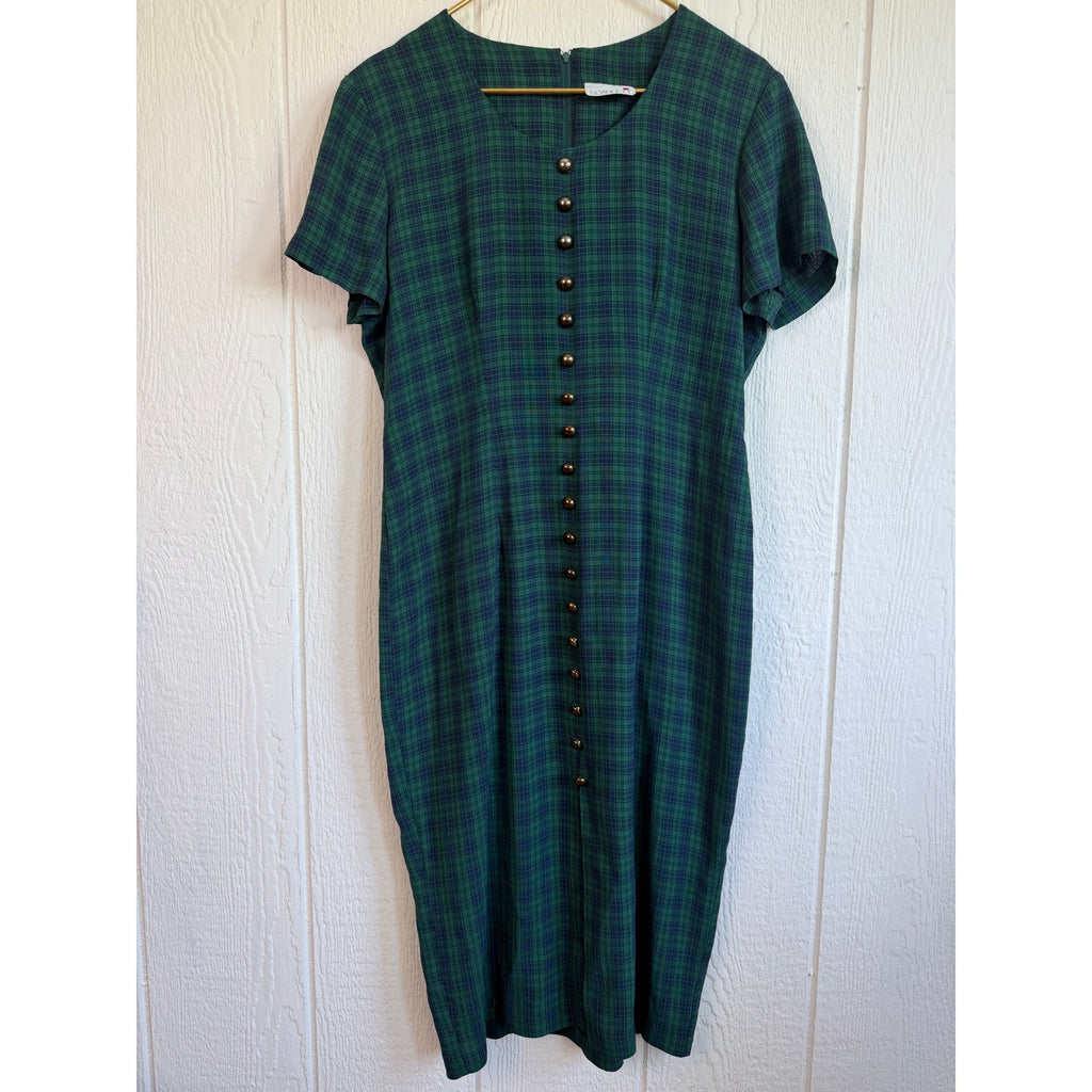 Vintage 90s Scarlett Green Tartan Plaid Midi Maxi Dress Button Front Grunge