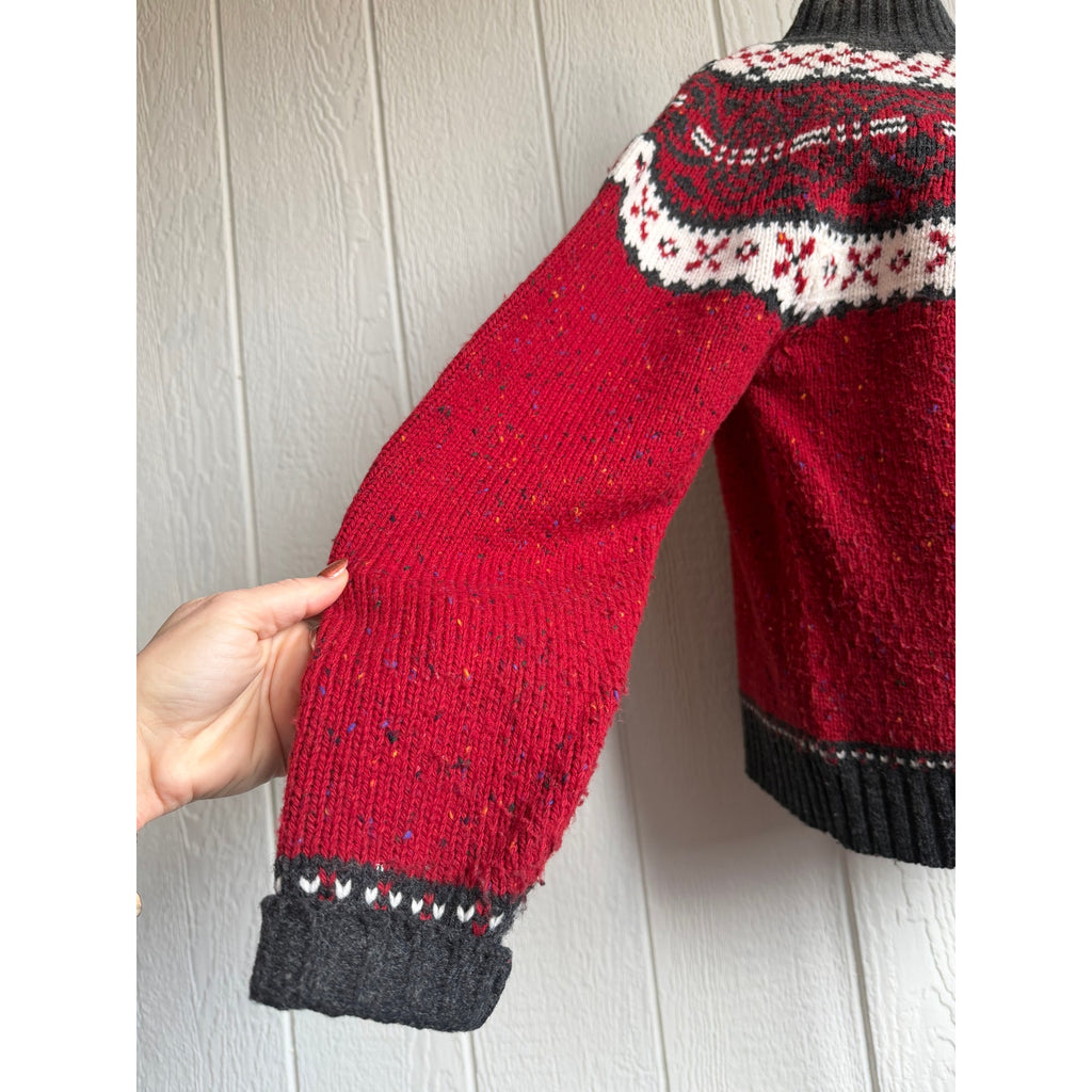 Vintage St Johns Bay Fair Isle Sweater Large Tall Red Nordic Mock Neck Wool