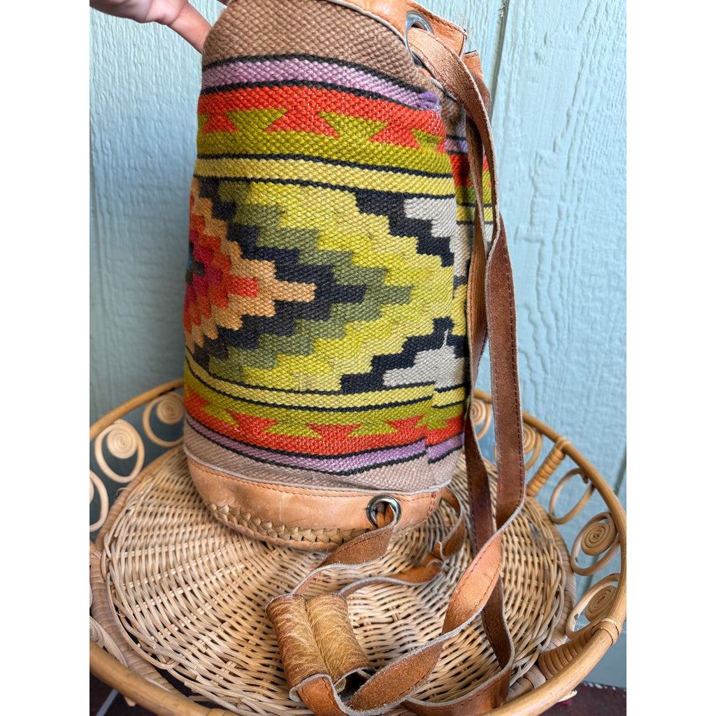 Trish Hunter Vintage Kilim Drawstring Bucket Bag | Leather & Woven Tapestry