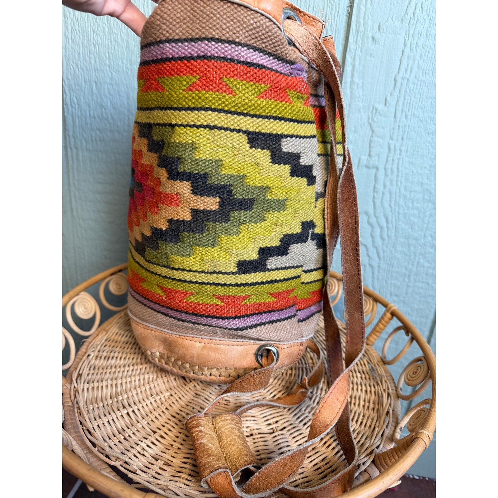 Trish Hunter Vintage Kilim Drawstring Bucket Bag | Leather & Woven Tapestry