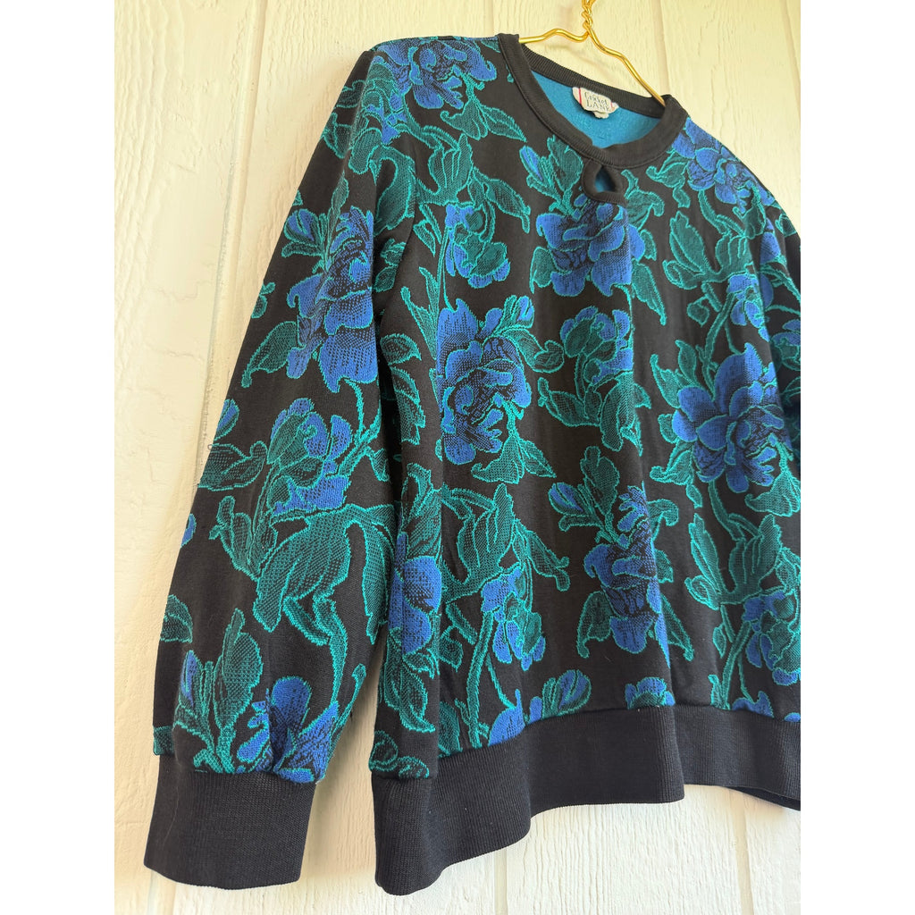 Vintage 80s 90s Cricket Lane Floral Jacquard Sweater Keyhole Black Teal Blue