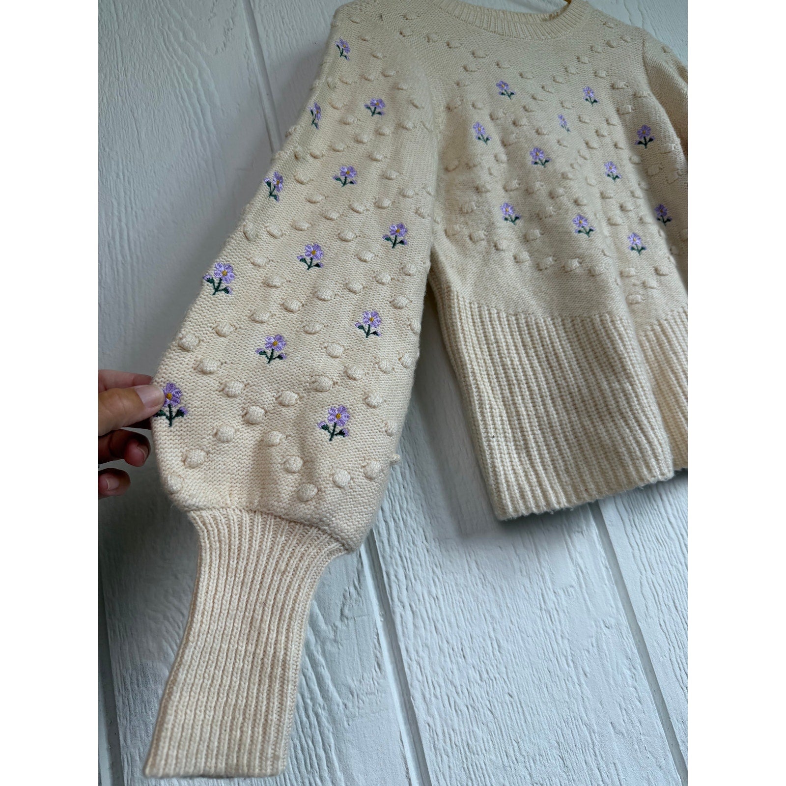 Vintage Cream Floral Embroidered Bobble Knit Sweater Cottagecore S