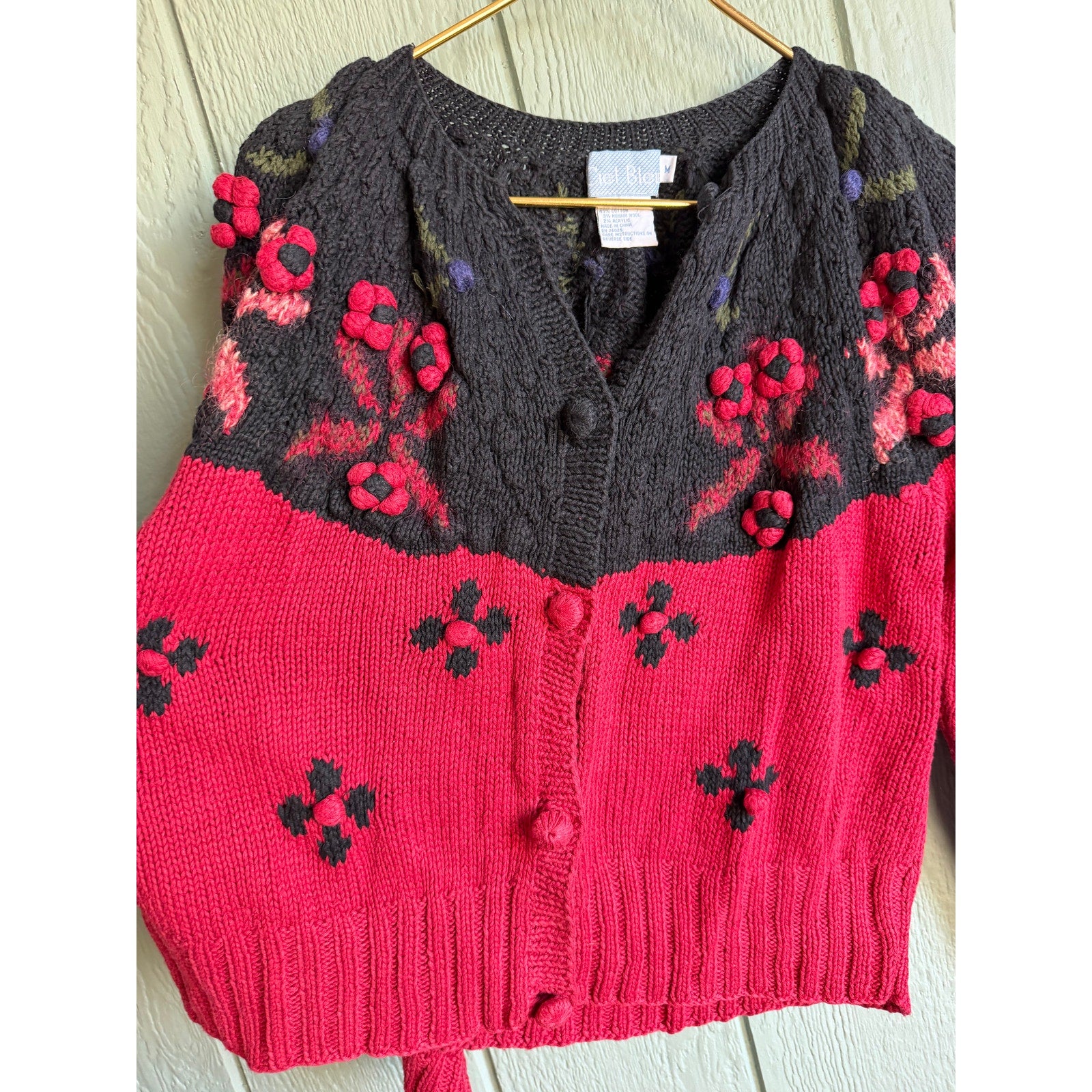 Vintage Hand Knit Floral Cardigan Sweater Red & Black Chunky Button Front Medium